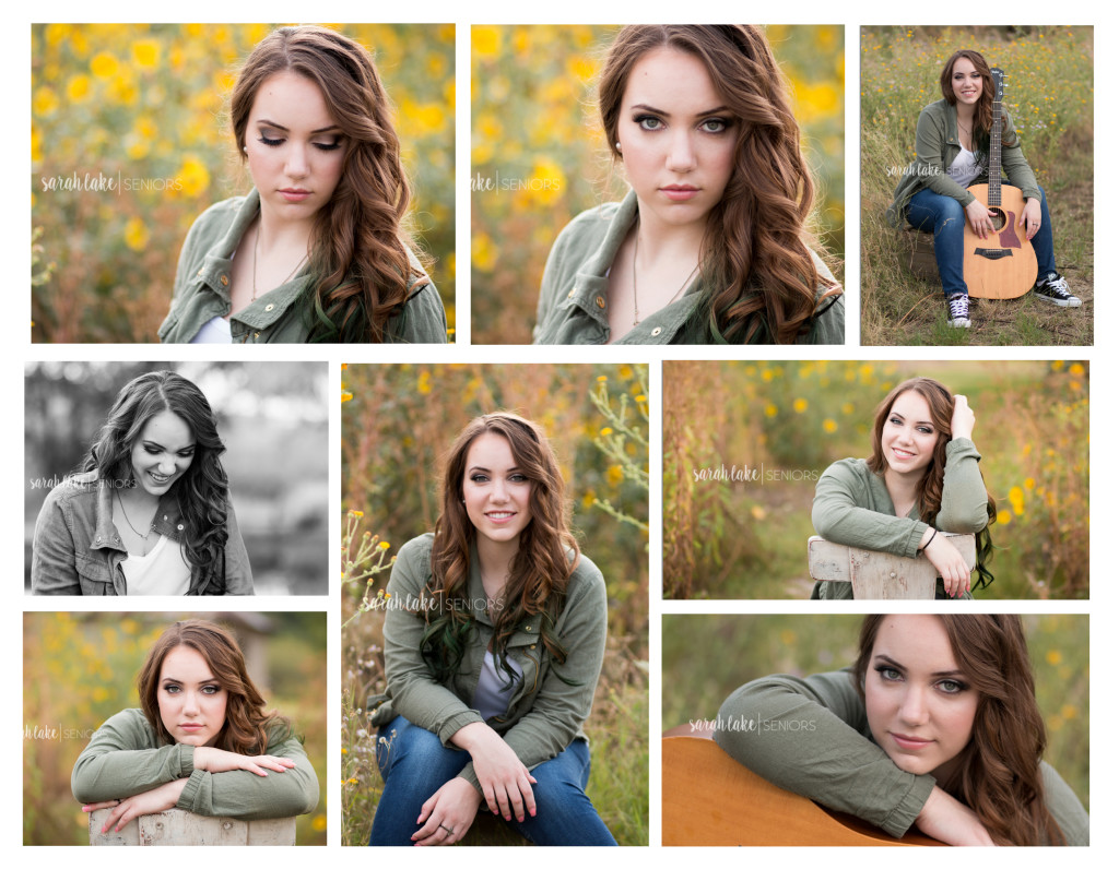 senior girl posing with guitar in field of yellow flowers