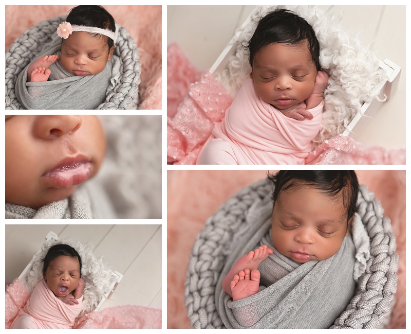 newborn baby girl in pink and gray